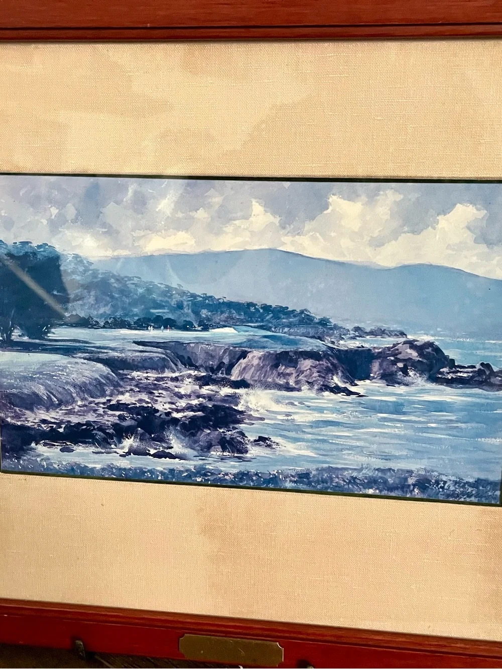 Framed Costal Landscape Print Pebble Beach California In Wood Frame 15/20 Inches